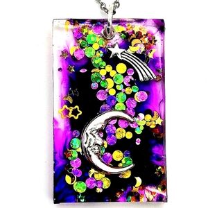 Purple Ink Stained Glass Sparkly Silver Moon Shooting Star Necklace